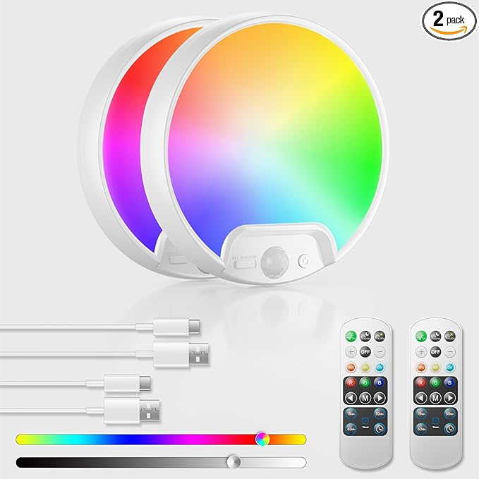 Homelist 2 Pack Rechargeable RGB Shower Light with Remote, Battery Operated Ceiling Light No Wiring - 10 Colors Changing for Shower Bathroom, Bedroom, Livingroom