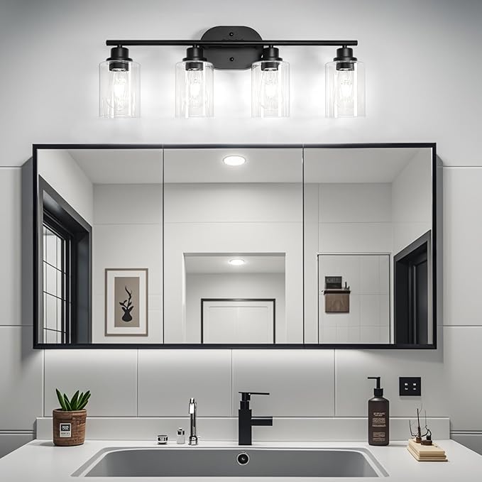 Ascher 4-Light Bathroom Light Fixtures, Modern Vanity Lights with Clear Glass Shade, Matte Black Wall Lamp for Bathroom Mirror Hallway Cabinet Porch