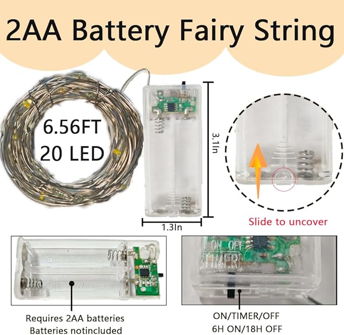 4 Pack Fairy String Lights,6.56FT 20LED,2AA Battery Operated,Timer Founction,Copper Wire String Lights, IP65 Waterproof,Indoor/Outdoor flexible for DIY ,Party, Bedroom, flowers decoration(Warm White)