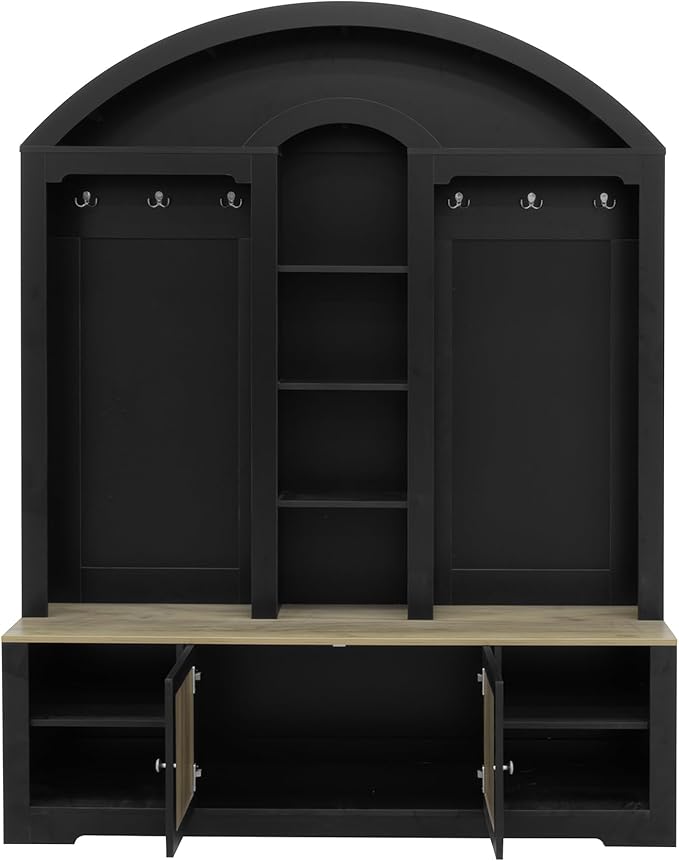 Merax 59" Multi-Functional Hall Tree with Shoe Racks, Curved Style Scandinavian Entryway Organizer with Hangers, Hooks & Shelves for Mudroom, Living Room, Black+Natural