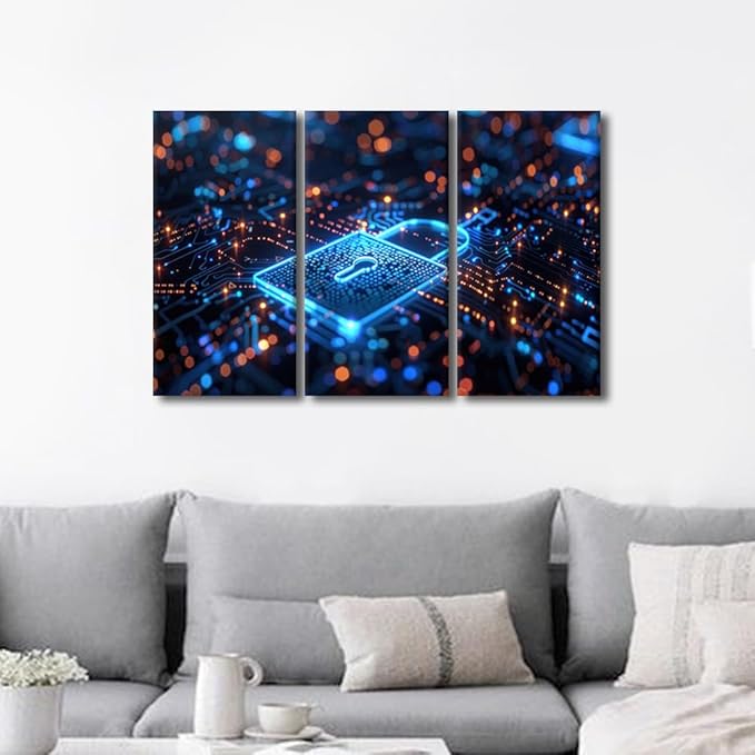 3 Pieces AI Wall Art AI Intelligence Picture Prints on Canvas Giclee Artwork Wall Decor Security Lock Symbol Framed Art Prints Modern Home Office Room Wall Decor Stretched Ready to Hang, 36" Wx24 H