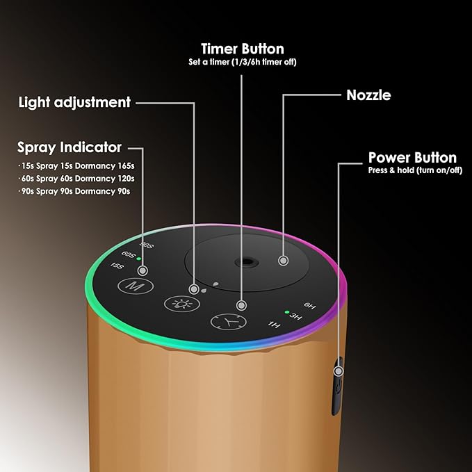 Waterless Essential Oil Diffuser, 7 Colors LED Light, Battery Powered Mini Scent Air Machine, Aromatherapy Mist Diffuser for Home Room Car Office，Black Aluminum Alloy (Gold)