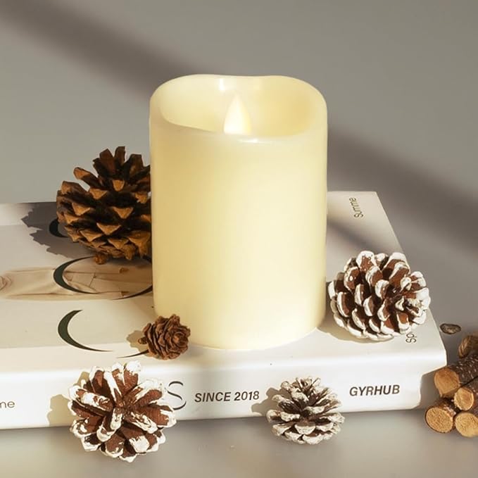 Flameless Candles Last 1300+ Hours Real Wax Flame Effect Auto-Moving 3D Wick, LED Pillar Candles with Timers Battery Operated - Ivory 5"