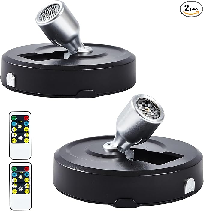 2-Pack LED Spotlight Battery Operated Picture Lights,Puck Lights with 2 Remote,Dimmable Stick Spot Lights with Timmer for Wall Painting Dartboard