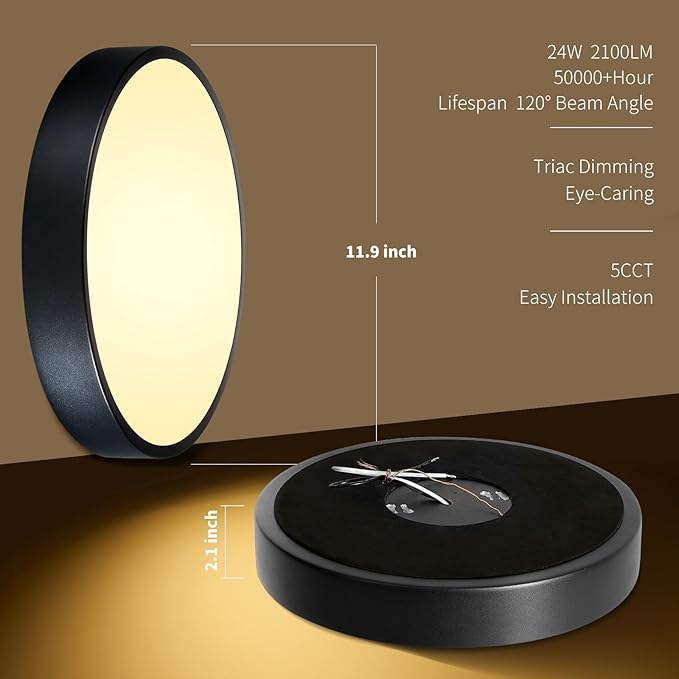 24W Dimmable Ceiling Light Fixture, 12 inch Flush Mount Light Fixture, LED Ceiling Lights Bedroom, Kitchen, Entryway, Super Bright 2700 Lumens 300W Equivalent 5CCT(2700k-5000k) 2 Pack Black