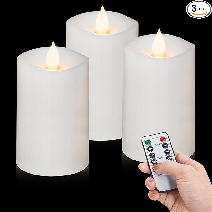 3PCS, 3 x 5 inches Flameless Candle with Remote Control, 3D Flickering Wick, Real Wax Pillar LED Candles, Battery Candles,with Timer,for Holiday Home Decor,White