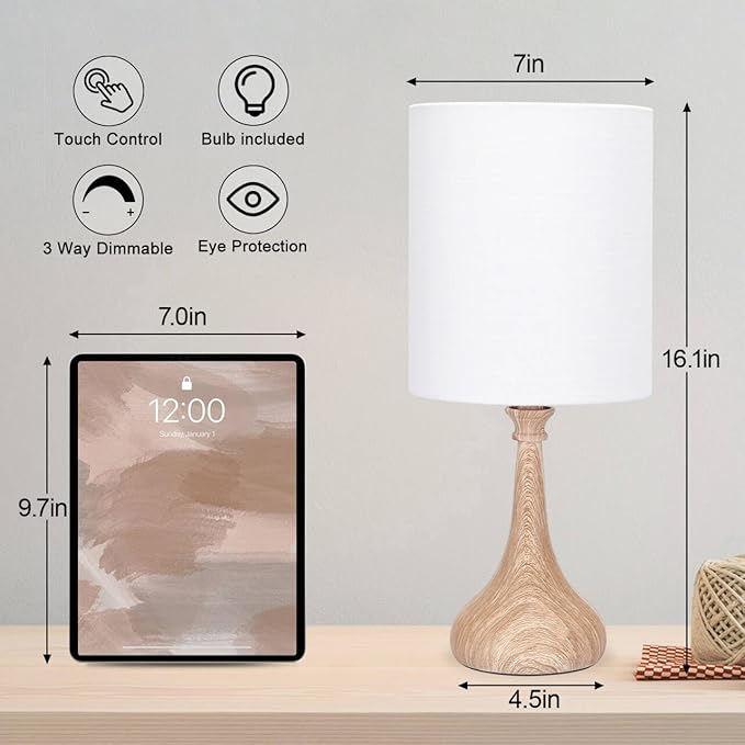 Boncoo Dimmable Small Table Lamp, Bedside Lamps Touch Control for Bedrooms Nightstand with Wood Grain Base, Desk Lamp Night Light for Office Living Room, 9W 3000K LED Bulb Included