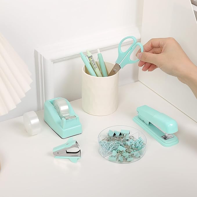 SKYDUE Teal Office Supplies Set - Desk Accessories, Stapler, Tape Dispenser, Scissors, Clips and 1000pcs Staples for Teachers
