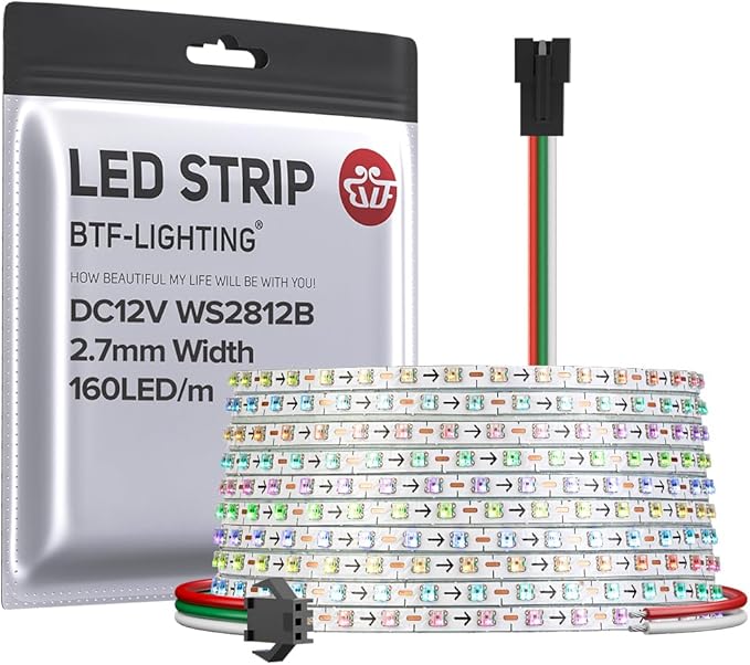 BTF-LIGHTING WS2812B IC RGB 2.7mm Ultra Narrow LED Strip 0807SMD DC12V Individually Addressable 16.4FT 160Pixels/m 800LED Dream Color Tape Light for Home DIY Decoration IP30 (No Adapter or Controller)