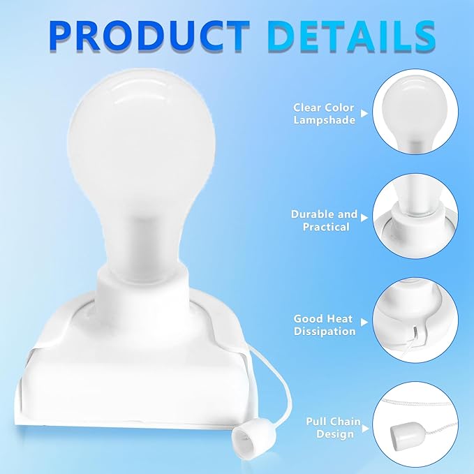 2 Pack Battery Operated Light Bulb, Stick-Up Battery Powered Wireless LED Closet Light Bulb, Self Adhesive Wall Light Fixture with Pull Chain for Cabinet Bedroom Kitchen, 3000K Warm White