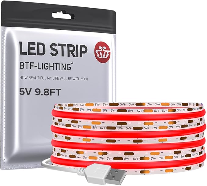 BTF-LIGHTING FCOB USB Powered Red Color COB LED Strip Lights 9.8FT 960LEDs 5V 8mm Width 90+ High CRI Ultra Bright Flexible Light for TV Backlight Display Cabinet PC DIY Decor