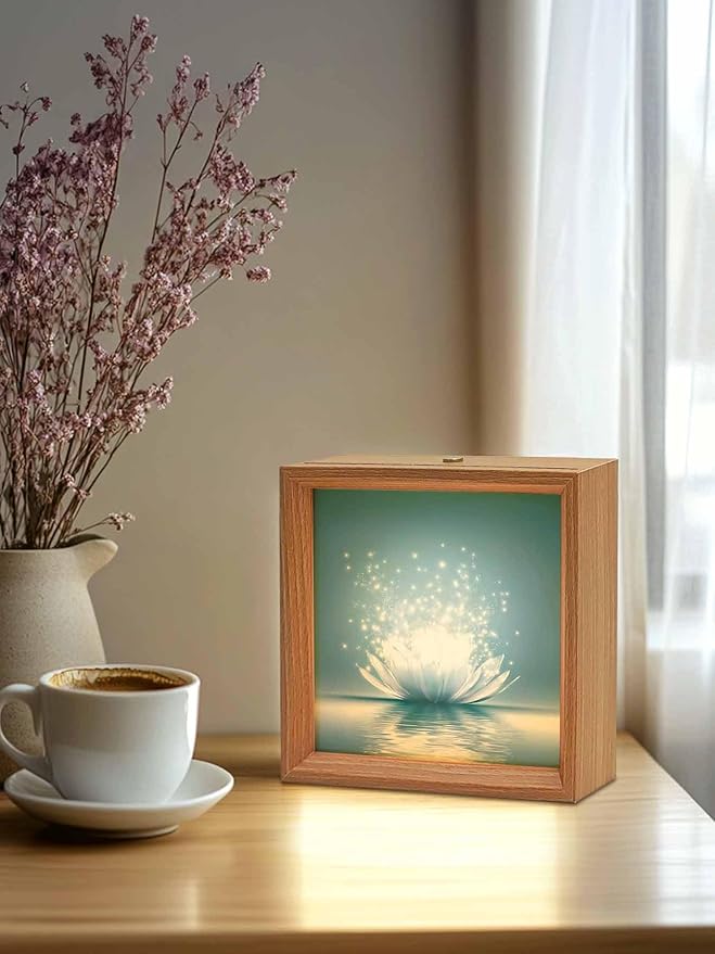Wood Night Light Box 6.5x6.5in,Meditation Lotus Flower Table Lights Wooden Picture Frame with USB Rechargeable Touch LED Lights for Home Decor Desktop Display,Asian Zen Spiritual