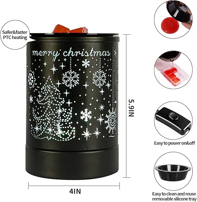 Fragrance Wax Melts Warmer with 7 Colors LED Changing Light Classic Black Forest Design Scent Oil Candle Warmer for Home Black Christmas