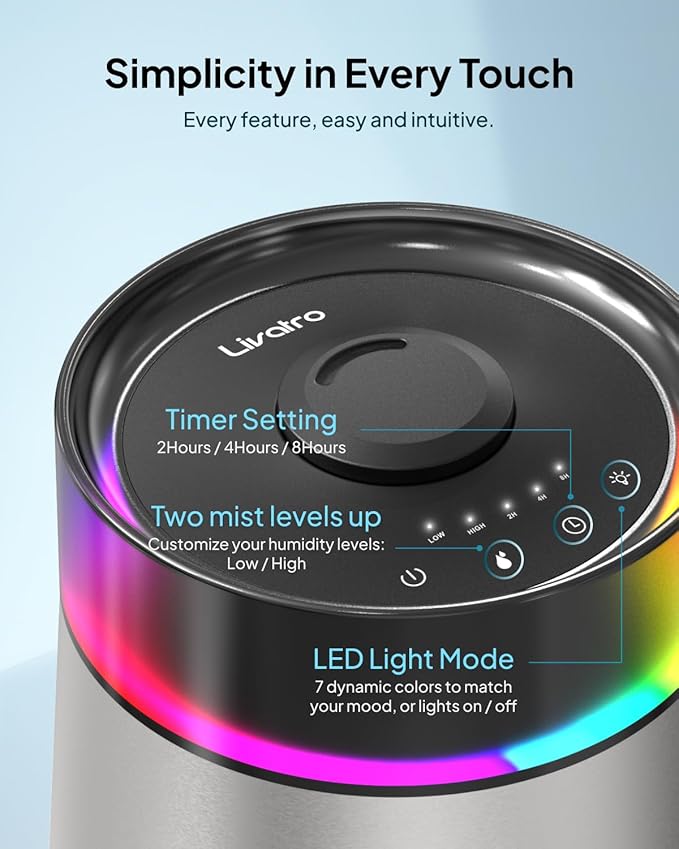 7L Ultrasonic Stainless Steel Cool Mist Humidifier for Bedroom & Large Room, Top Fill, Ultra Quiet 24dB, 3 Mist Levels, Easy Clean Dishwasher Safe Humidifier for Living Room Office