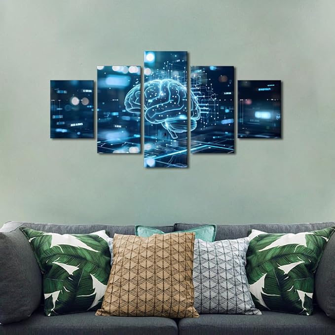 TUMOVO 5 Panel Digital Brain Canvas Printing Wall Art House Decoration for Wall Art Work for Wall Decor Living Room Neural Network Pictures for Bedroom Wall Decor Poster and Prints 60" Wx32 H