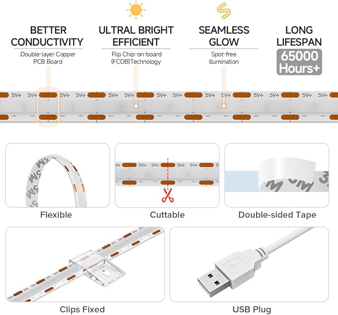 BTF-LIGHTING FCOB USB Powered Warm White 3000K COB LED Strip Lights 9.8FT 960LEDs 5V 8mm Width 90+ High CRI Ultra Bright Flexible Light for TV Backlight Display Cabinet PC DIY Decor