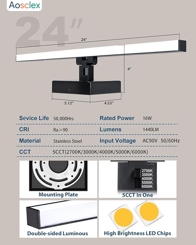 Aosclex 24 Inch Bathroom Lighting Fixtures Over Mirror, Rotatable, 16W 1440LM 5CCT Adjustable (2700K–6000K), Dimmable LED Bathroom Lights, IP44 Waterproof Black Modern Vanity Lights, ETL Certificated