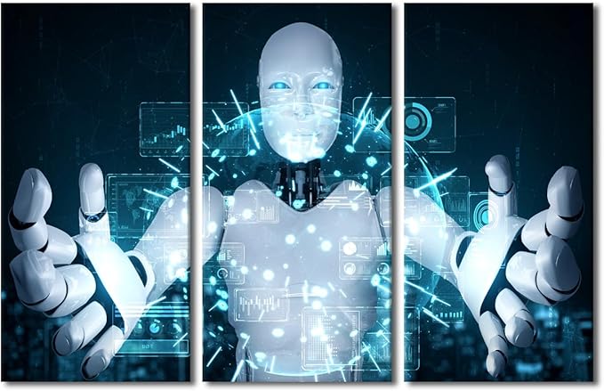 TUMOVO 3 Panels Canvas Wall Art Robot Painting Prints on Canvas Wall Art AI Intelligence Pictures Giclee Artwork for Home Walls Animal Posters Gallery-wrapped Framed Ready to Hang, 60" Wx40 H