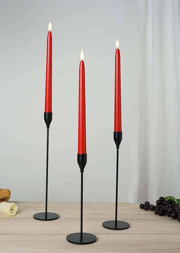 Red Flameless Taper Candles with Remote Control - 11 Inch LED Candlesticks Battery Operated, Realistic 3D Flame with Wick, Timer, Christmas Decor - Set of 6