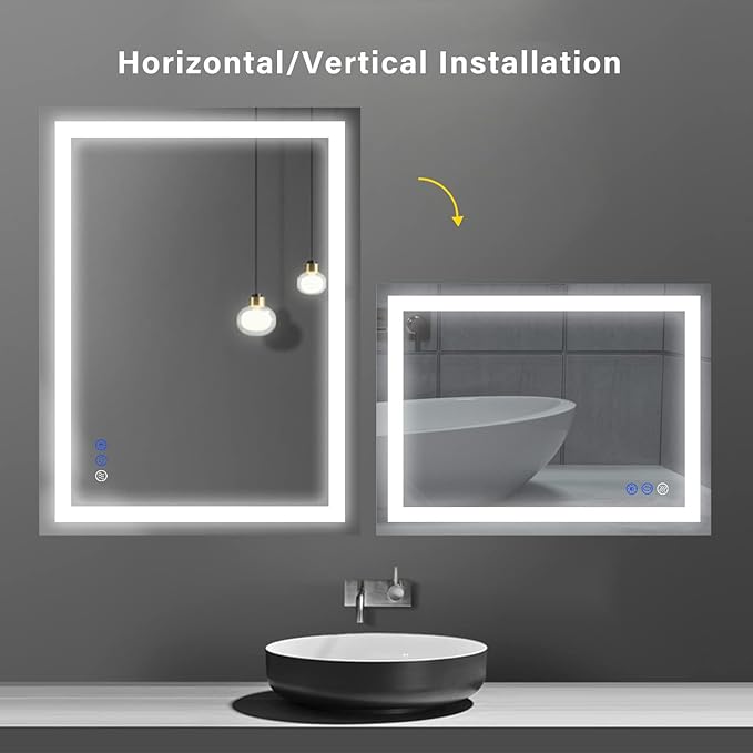 32x24 inch Wall Mounted LED Bathroom Mirror with 3000K-6000K Dimmable, Anti-Fog, Lighted Bathroom Mirror with Smart Touch Button, Memory Function(Horizontal/Vertical)