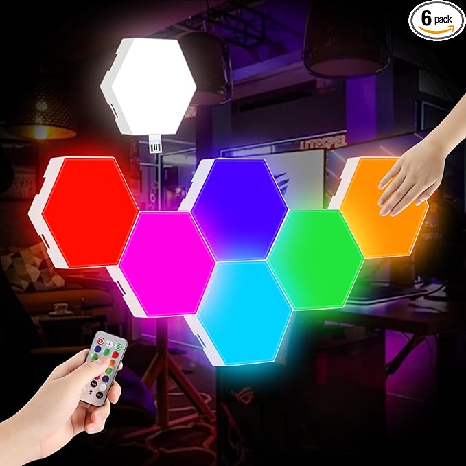 Hexagon LED Lights,Remote Control Wall Lamp,Intelligent Modular Touch Colorful DIY Lamp,Used for Bedroom,Bathroom,Living Room,Children's Day,Christmas,Various Game Party Decoration（6 Pack）