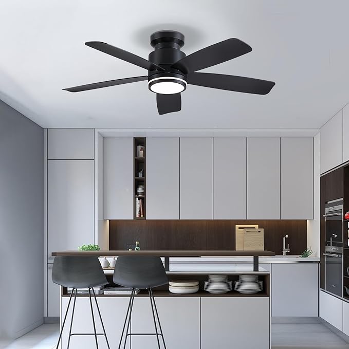 46 Inch Black Flush Mount Ceiling Fan with Light, 5 Blades Reversible Fan, 6-Speed & 2-Hour Timer, Remote Control, 3 CCT Dimmable for Living Room Bedroom