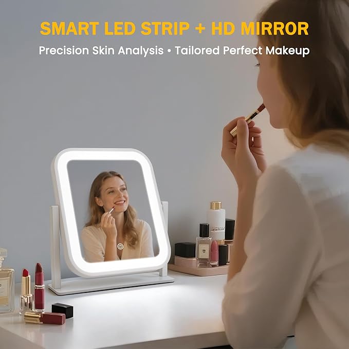 Vanity Mirror with Lights, 1500mAH, 10"×9" Makeup Mirror with Lights, Smart Touch with 3-Color Lighting, 360° Rotation, Portable LED Desk Mirror, Bedroom (White)