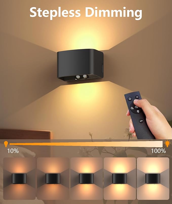 Motion Sensor Rechargeable Wall Lights Wireless Wall Sconces with Remote Control Dimmable Up and Down Wall Lamp Battery Powered Led Wall Mounted Light for Living Room Bedrooms 2 Pack