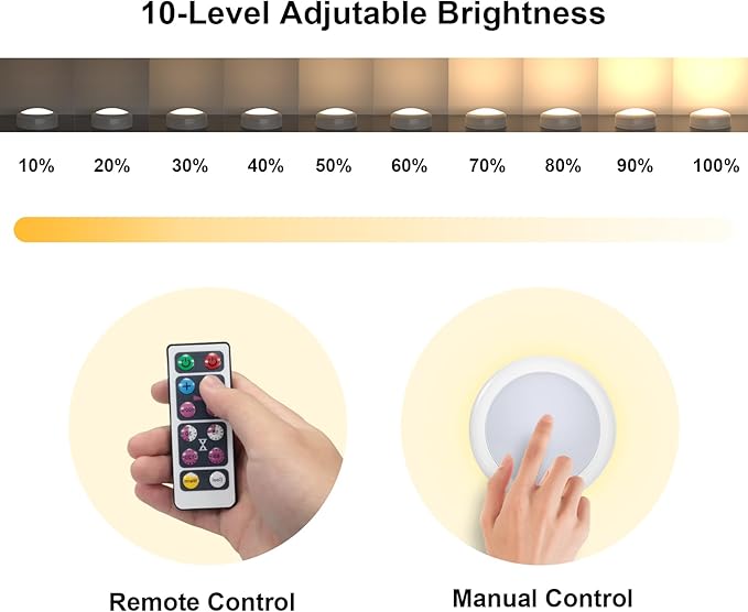 Battery Operated Puck Litghts with Remote Warm Natual Cool White Three Color Wireless Under Cabinet Lighting Push Lights Stick On Tap Lights with Dimmer & Timmer for Bedroom, Closet