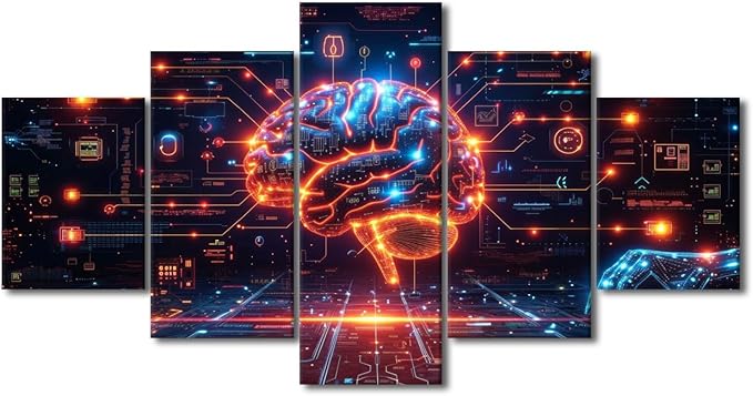 TUMOVO 5 Panel Artificial Intelligence Paintings Wall Decor Robot Brain Posters for Room Digital Brain Canvas Wall Art for Living Room Bedroom AI Picture Modern Artwork Home Decor 60" Wx32 H