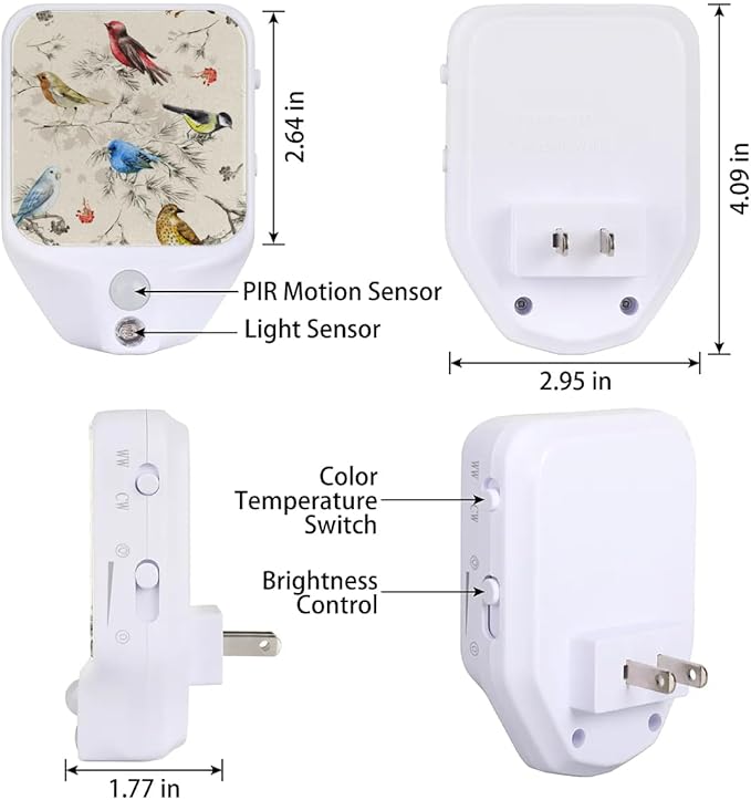 Birds Watercolor Night Lights Plug into Wall, 1.5W Plug in LED Dimmable Motion Sensing Nightlight Auto Dusk to Dawn Sensor for Kids Adults Bedroom, Bathroom, Hallway Warm White