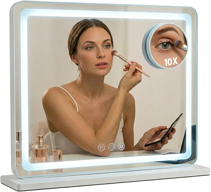 Vanity Mirror with Lights 18"x23", Lighted Makeup Mirror with 3 Color Lighting Modes, 10X Magnification, Vanity Mirror Square White for Bedroom Tabletop - White