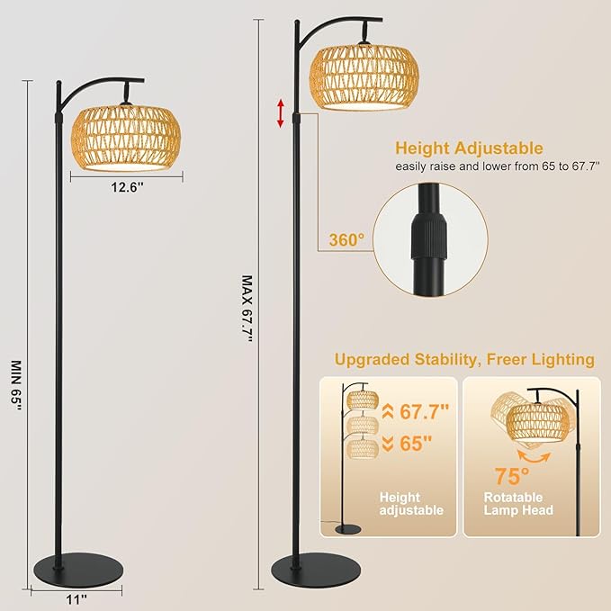 Boho Rattan Floor Lamp with Shade – 12W Bright Dimmable LED Bulb, Remote Control 3 Color Temperatures, Modern Farmhouse Handwoven Arc Standing Light for Living Room Bedroom