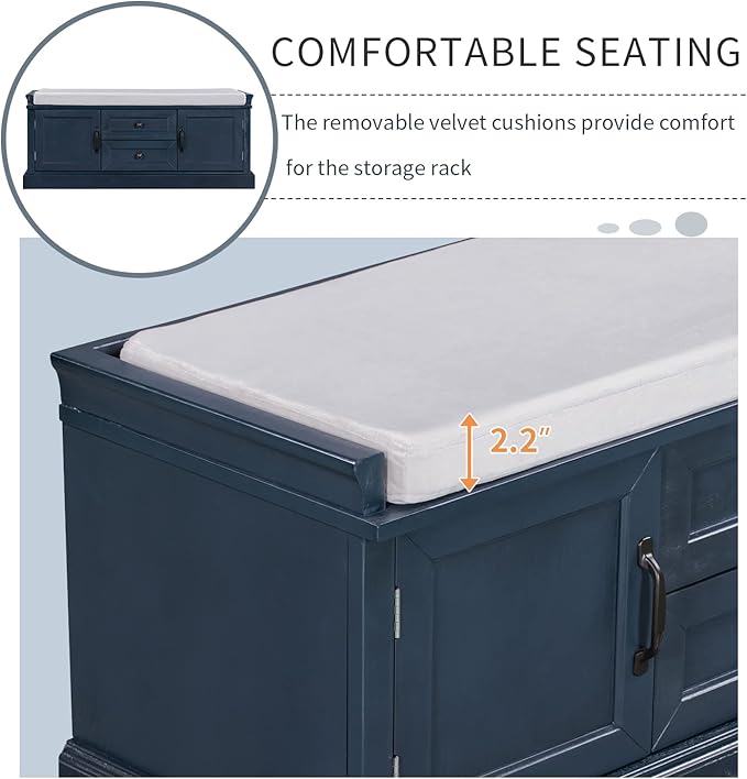 Entryway Storage Bench with Drawers & Cabinets — Cushioned Shoe Storage Bench for Hallway, Mudroom, or Living Room, Solid Wood Frame (Antique Navy)