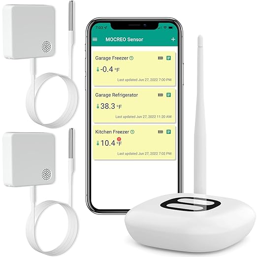 MOCREO WiFi Thermometer Freezer Alarm, Email Alert, App Notification, Data Record Export, No Subscription Fee, 2 Remote Wireless Temperature Sensors for Refrigerator, Freezer, Hot Tub