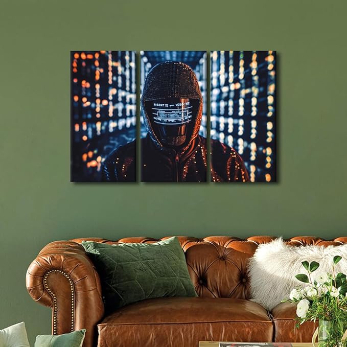 TUMOVO Modern Wall Art Multi Panel Hacker in Mask on Dark Background with Digital Effects Posters Artwork for Living Room Bedroom Wall Decoration, Stretched Framed Ready to Hang, 36" Wx24 H