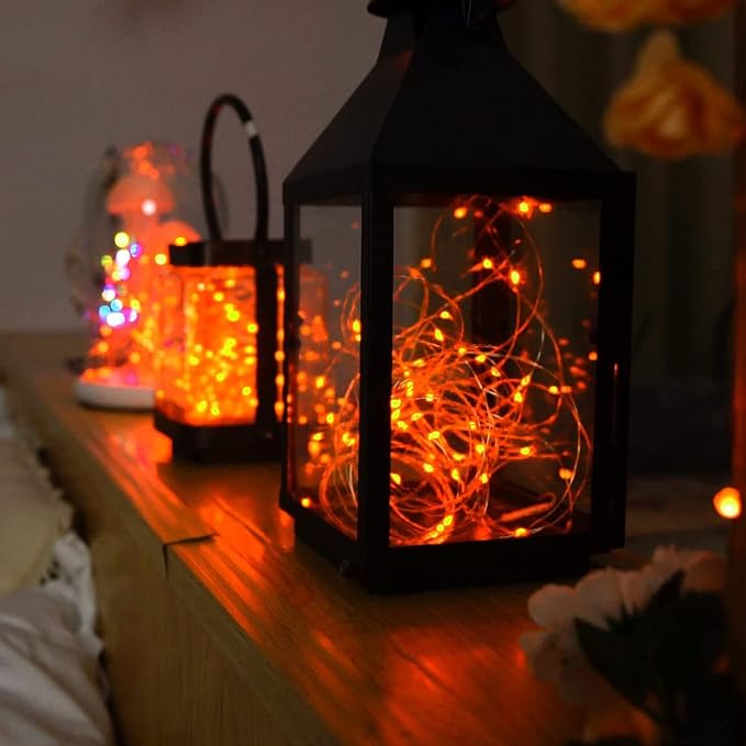 RUICHEN Plug in Fairy Lights with Switch, Waterproof 66 Ft 200 LED Silver Wire Starry String Firefly Lights for Bedroom, Patio, Garden, Balcony, Dorm, Orange