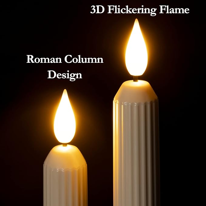 Homemory 6 Pcs Window Candles with Sensor Dusk to Dawn, Ivory Striped Candlesticks with Suction Cups, Roman Column Christmas Window Candle Battery Operated, Flameless Led Taper Candles for Windows