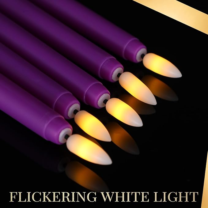 Macarrie 24 Packs Flameless Taper Candles Battery Operated Fake 11 Inch Long Candle Light LED Flameless Candlesticks Flickering Tapered for Wedding, Halloween, Christmas(Purple)