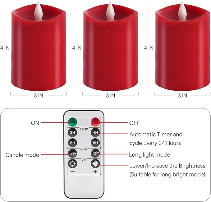 3x4 Flickering Flameless Candles Set of 3,Real Wax Pillar led Candles Flickering,4 inch Flameless Candles with Remote,for Party Wedding Holiday Home Decor,Red