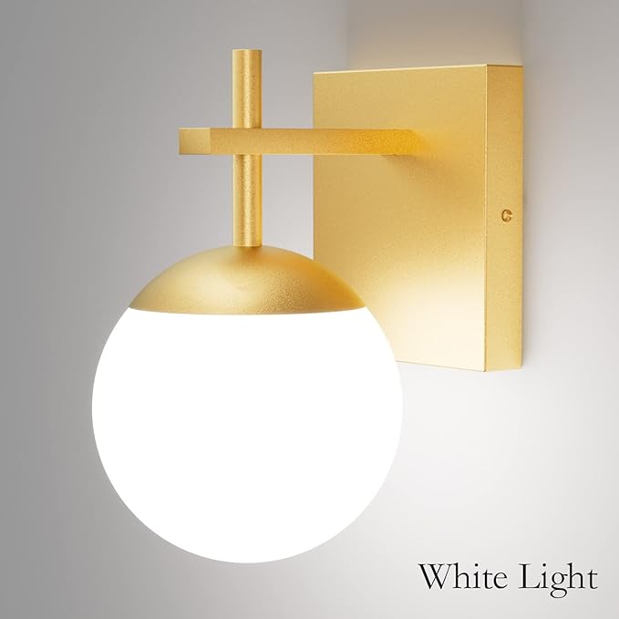 Ralbay Gold Wall Sconce, Mid Century Modern Gold Wall Light Fixtures Milky Glass Indoor Wall Lamp for Home Decor Bathroom Kitchen Living Room Vanity Hallway, Gold 1 Light (Exclude Bulb)