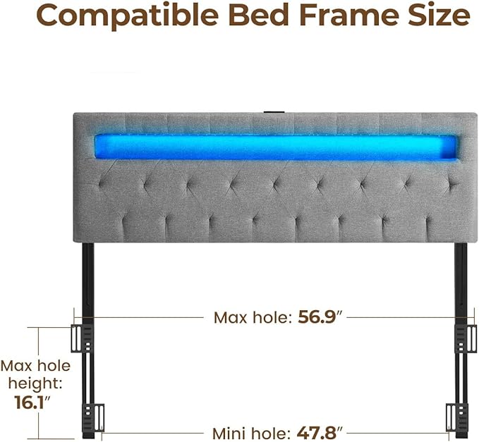 GREENSTELL Headboard for Full Size Bed with 60,000 DIY Color of LED Light, USB & Type C Post, Attach Frame, Height Adjustable, Gray Wall Mounted Head Boards Only, Sturdy & Stable, Comfortable, Full