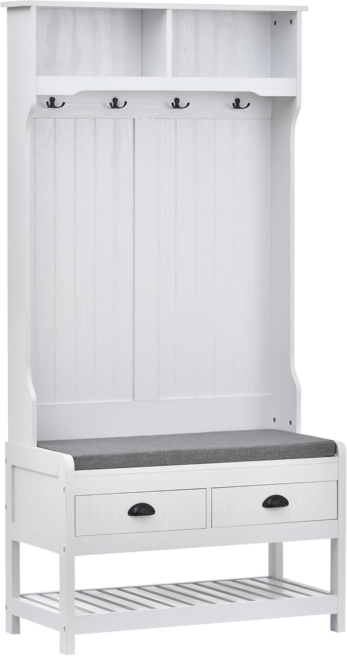 Hall Tree with Shoes Bench, Entryway Coat Rack with Storage Shelves and Drawers, 33.5''W Coat Hanger for Entrance, Hallway (White)