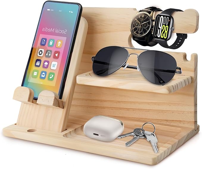Nightstand Organizer for Men Night Stand Organizers Men Bedside Organizer Phone Holder Wood Phone Docking Station Wood Desk Organizer Mens Birthday Souvenir Ideas(Beige)