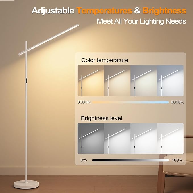 LED Corner Floor Lamp, 360°Rotating Head, Super Bright 1800LM Dimmable Minimalist Floor Lamps with Remote Control,3000K-6000K Modern Corner Light,67" Tall Standing Lamp for Living Room,Office - White