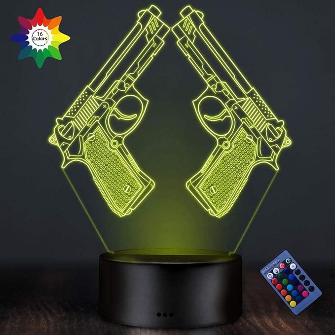 Creative 3D Pistol Lamp Night Light 16 Colors Changing USB Powered Remote Control Touch Switch Decor Lamp Optical Illusion LED Table Desk Lamp