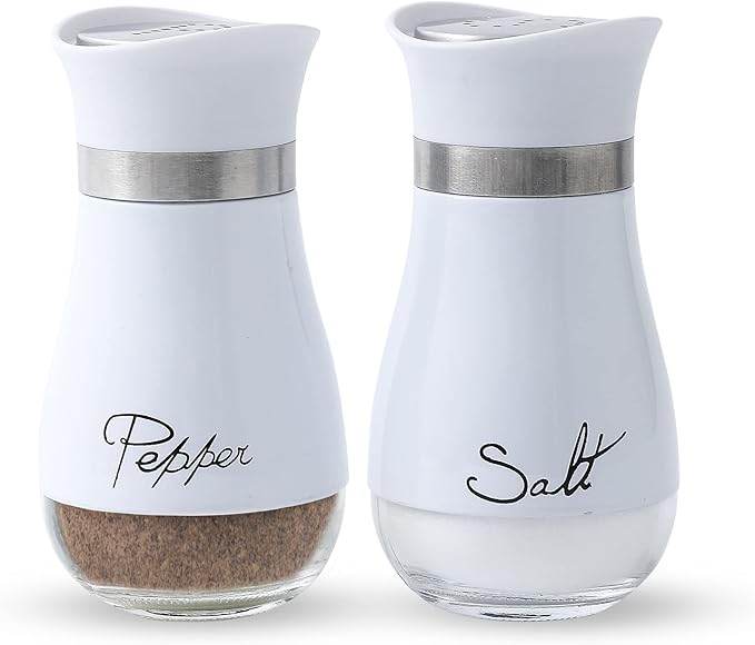 Lonffery Salt and Pepper Shakers Set - Salt Containers for Gifts, Kitchen Decor, Home, RV, Camp, BBQ, 4 oz Farmhouse Spice Dispenser with Glass Bottom, White, Set of 2