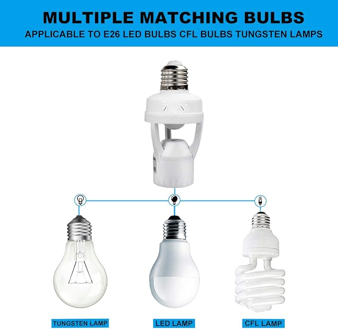 Motion Sensor Light Socket,PIR Motion Detector Screw Bulb Adapter,Auto E26/E27 on/Off Night Light Control,Garage, Laundry Room, Storage Room Lighting Fixture