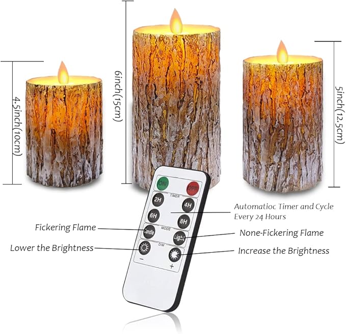 Pine Bark LED Flameless Pillar Candles Battery Operated with Flickering Warm Yellow Light Moving Wicks, Pack of 3 (D 3”×H 4”5”6”) Real Wax Candles with Timer and Remote Control