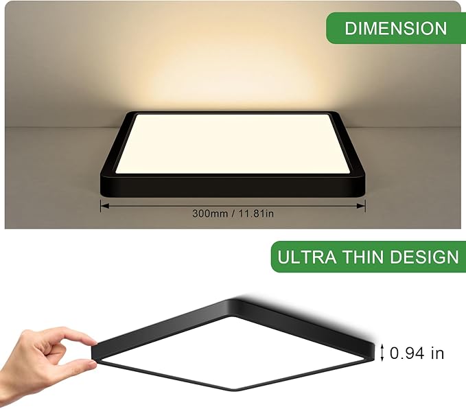 12Inch 24W Square LED Ceiling Light Fixtures Flush Mount, 3000K Warm White LED Ceiling Lamp, Surface Mount Modern Ceiling Lights, Slim Flat Panel Lighting for Bedroom, Kitchen, Bathroom Etc.Black